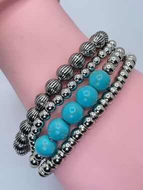 Silver Tone Turquoise Howlite Beaded Stack Stretch Bracelet Set